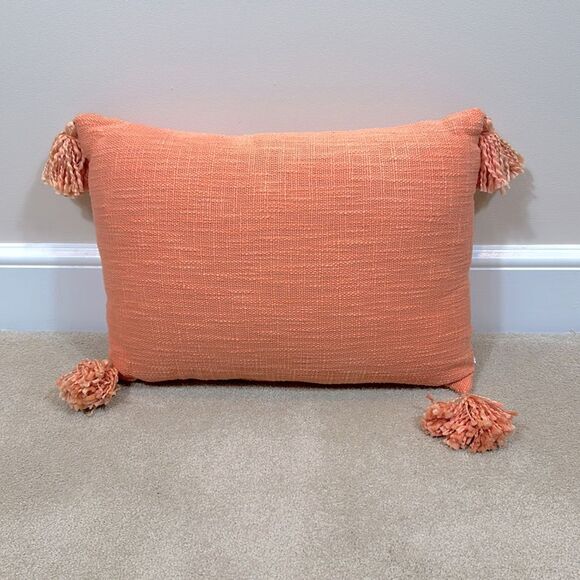 Accent Pillow Coral Orange Pink Rectangular Textured Tassel Beach 18x13in - Picture 2 of 6